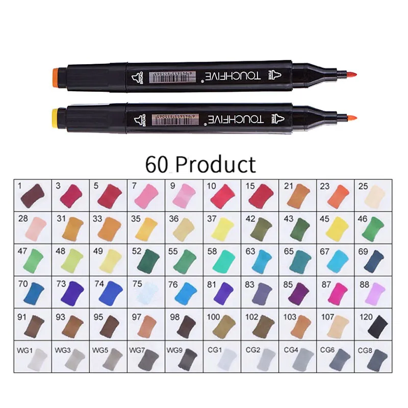 TOUCHFIVE 168 цветов художественные Маркеры Набор ручек с двойной головкой ручка для рисования манга маркер для окрашивания выдвижных ящиков поставки Студенческая ручная краска - Цвет: BLACK-60PRODUCT