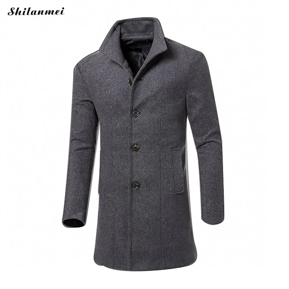 Winter Men's Woolen Coats Grey Mid Long Coat Pockets Thermal Black Men ...