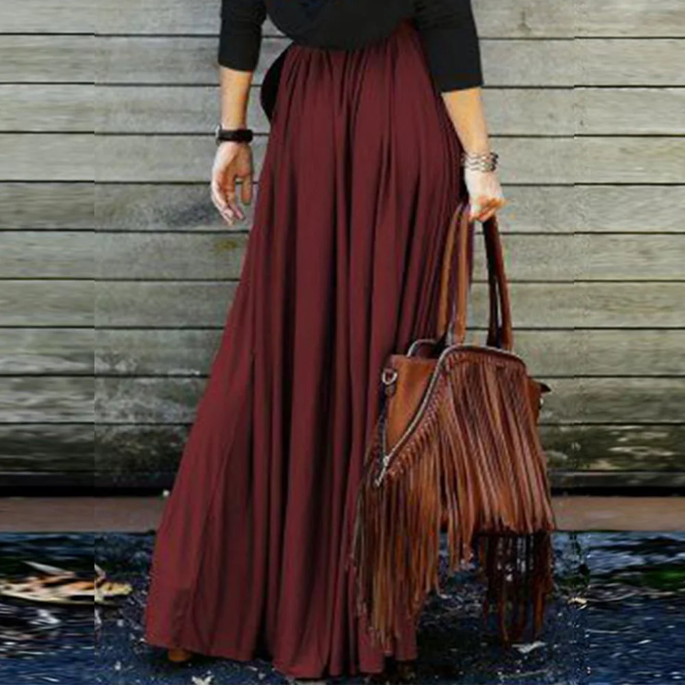 Женские плиссированные юбки в стиле бохо с высокой талией, элегантные однотонные винтажные макси юбки в пол цвета хаки и серого цвета, Пляжная длинная юбка в стиле бохо