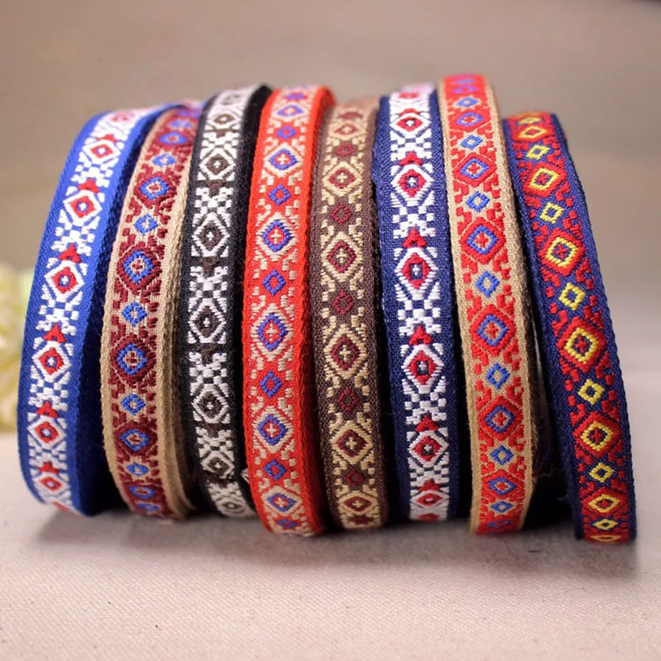 

20 Yards/Lot 10mm Width Jacquard Ribbon Woven Cotton Trim Retro Pattern DIY Handmade Sewing Mateial Accessories 8 Colors
