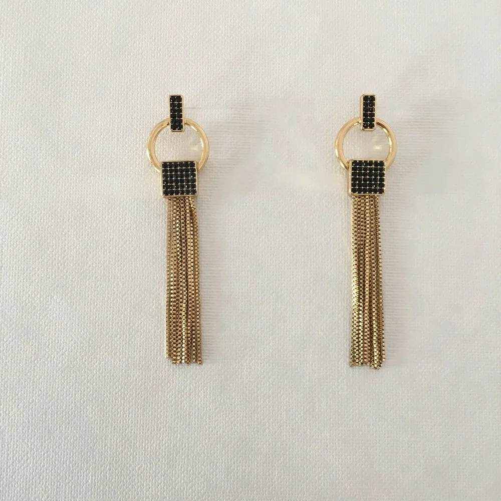 

CLASSIC EARRINGS GOLD COLOR PLATING BLACK STONE WITH CHAIN TASSEL DROP EARRINGS FOR WOMEN