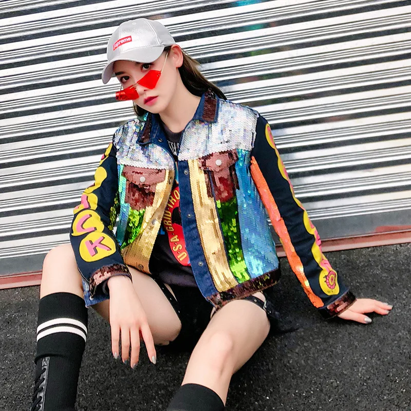 2019 Z Top Brand Spring Autumn New Thai Street Brand Color Heavy Work Sequins Cartoon Letter Printing Lapel Denim Women Jacket