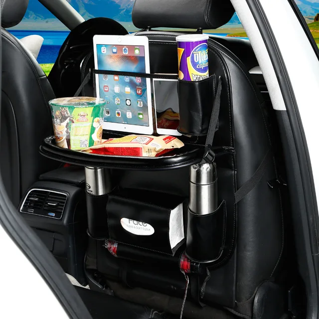 Leather Backseat Car Organizer with Foldable Food Tray Table for Drink