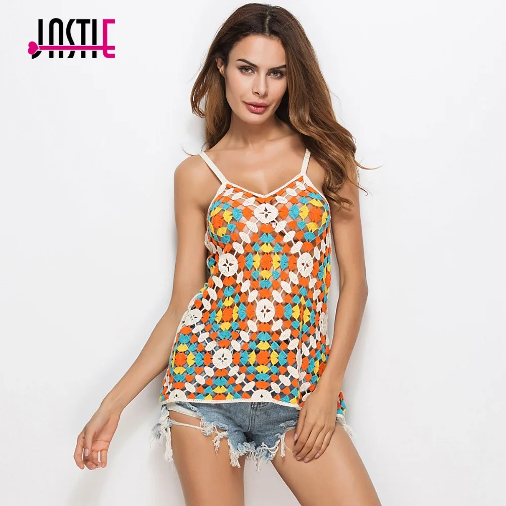 

Jastie Beach Bikini Cover Up Top Camis Colorful Hollow Out Crochet Lace Vest V-Neck Straps Sexy Vests Tank Tops Summer Camisole