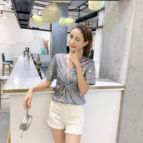 Super temperament polka dot short sleeve sparkling grey silver v-neck shirt super tight blouse |