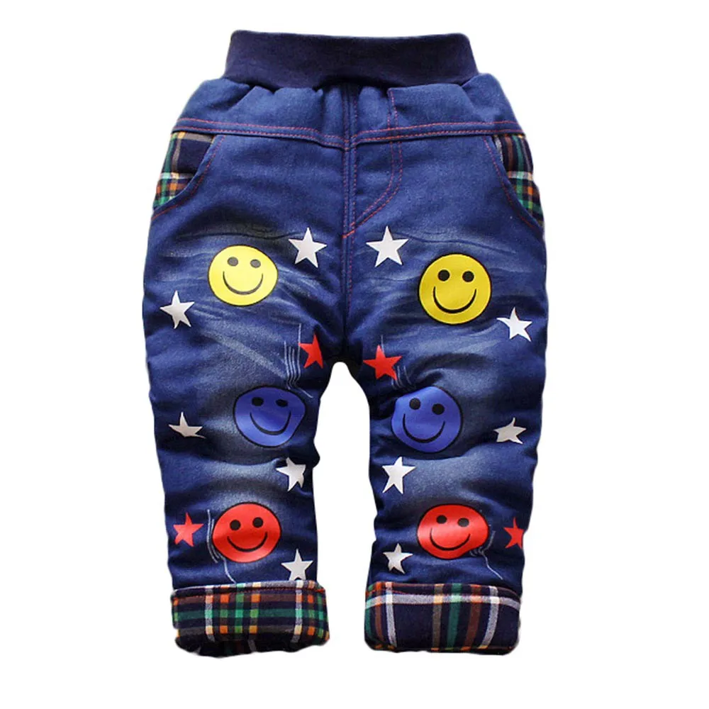 MUQGEW/джинсы для маленьких девочек плотные джинсы для маленьких девочек и мальчиков с рисунком смайлика, машины и надписью теплые брюки, штаны джинсы, jardineira,# y2