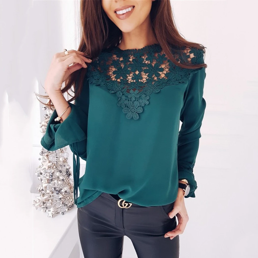 

New Spring Autumn Women Lace Blouses Casual Splice Shirts Long Sleeved Chiffon Blouse For Ladies Feminina Blusa White Black