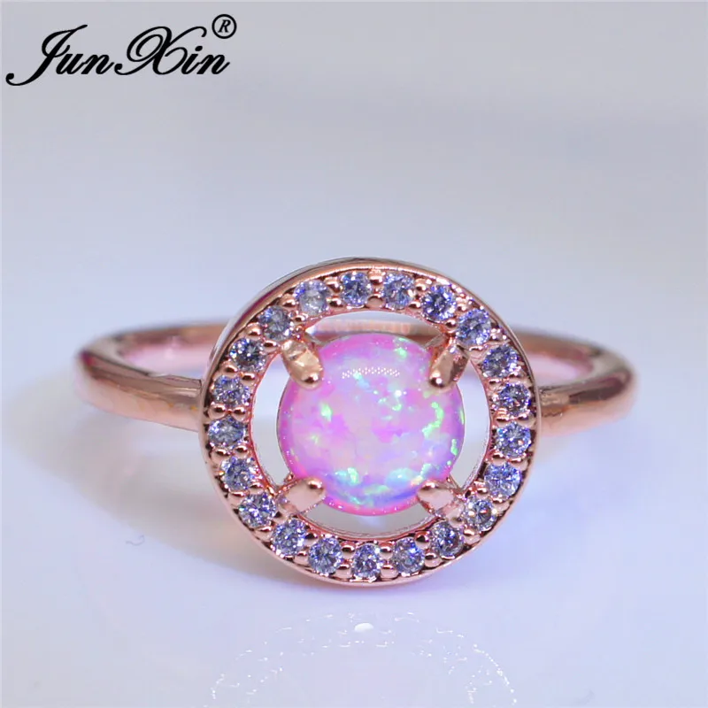 JUNXIN Fashion Pink/Blue Fire Opal Rings For Women Men Rose Gold Filled Round CZ Rainbow Stone Crystal Wedding Rings For Couples