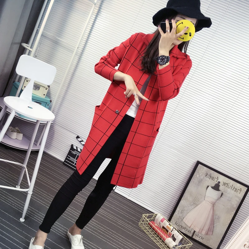 New Spring Autumn Winter Women Turn down Collar Cardigan Thick Long Single Breasted Plaid font b