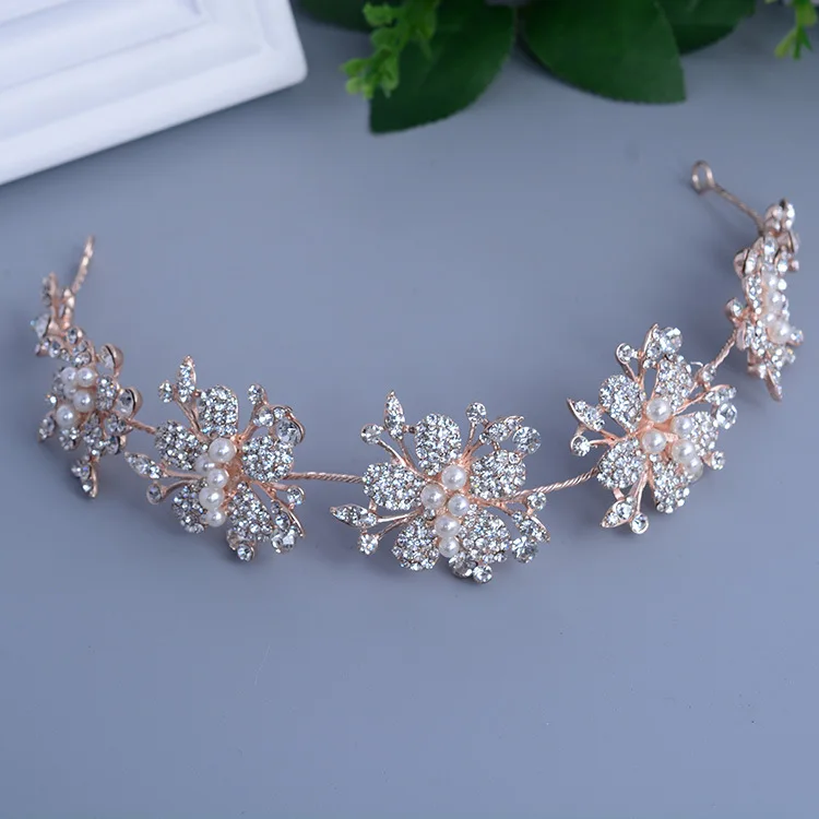 

Rose Gold Clear Pearls Crystal Flower Bridal Tiaras Crowns Rhinestone Pageant Crown Headband Headpiece Wedding Hair Accessories