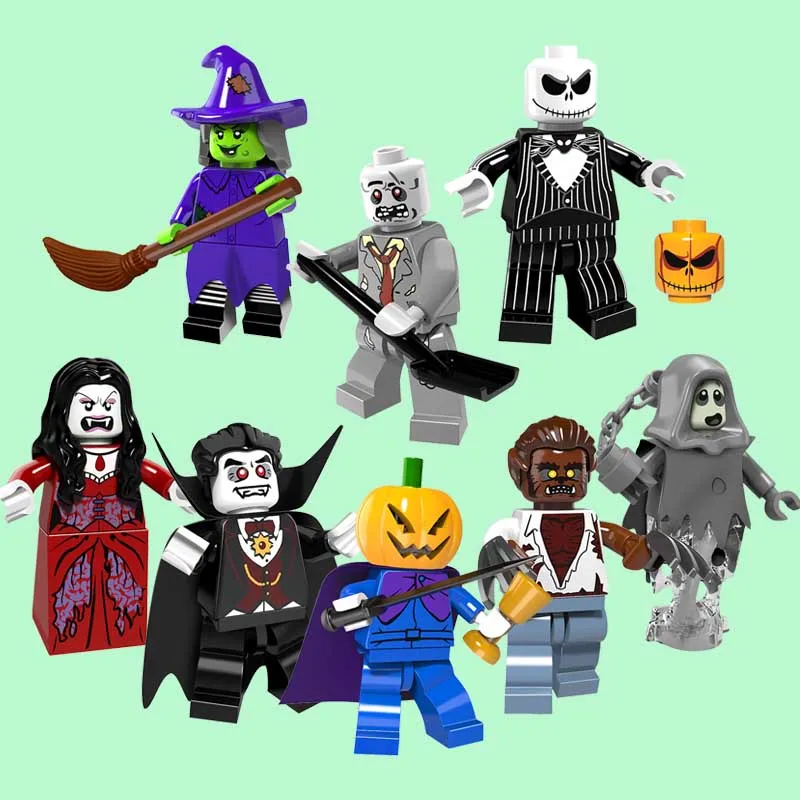 

CZHY Halloween Figure PG8080 Skeleton Jack Witch Zombie Ghosts Pumpkin Man Werewolf Vampire Count Queen Xmas Building Blocks