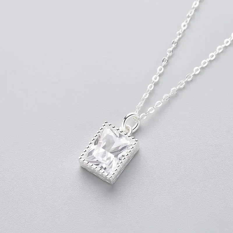

Minimalist Real 925 Sterling Silver Geometric Square Zircon Pendant Necklace for Women Engagement Fashion Jewelry Gift 01063