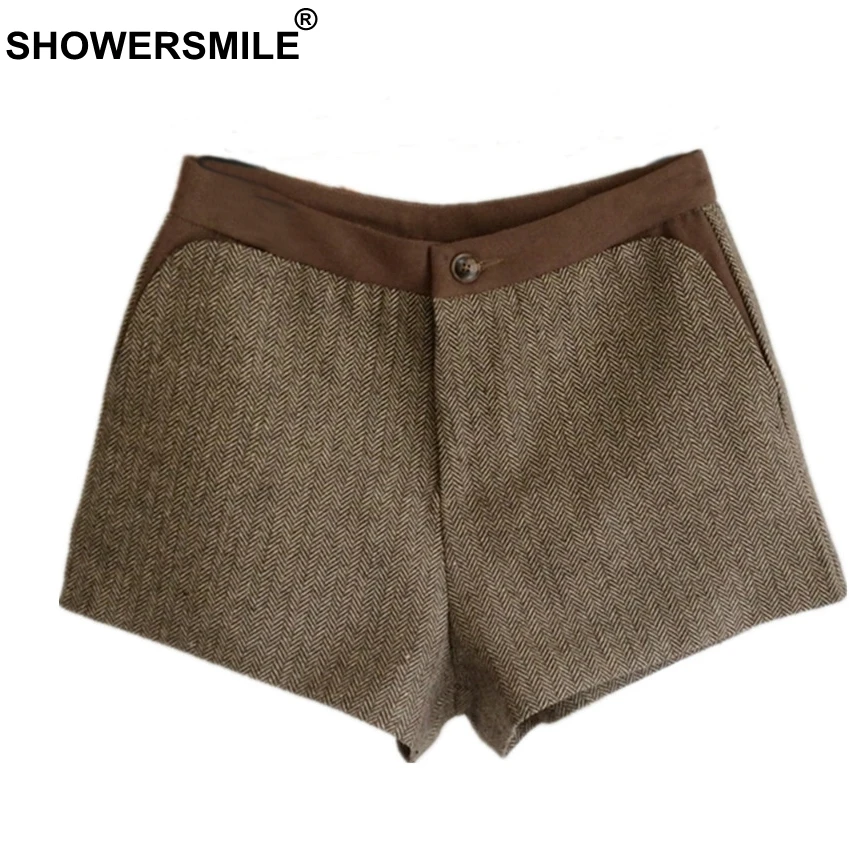 

SHOWERSMILE Patchwork Vintage Shorts Women Tweed Slim Fit Herringbone Women's Shorts England Style Female Short Pants