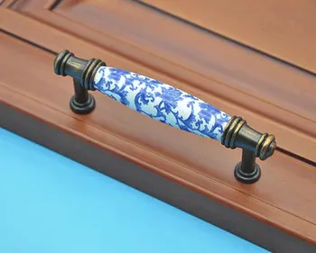 

Cabinet Door Handles Pulls Porcelain / Dresser Pulls / Drawer Handles Pulls Knobs Antique Copper Blue Flowers Ceramic Furniture