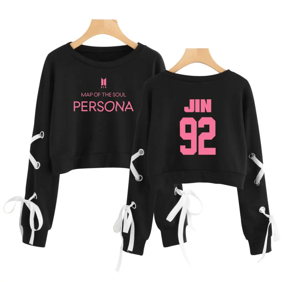 

2019 New Kpop Album Map of The Soul Persona Sleeve Openwork Bow-Knot Hoodie Pullovers Women Sweatshirt Kpop Crop Top Hoodie