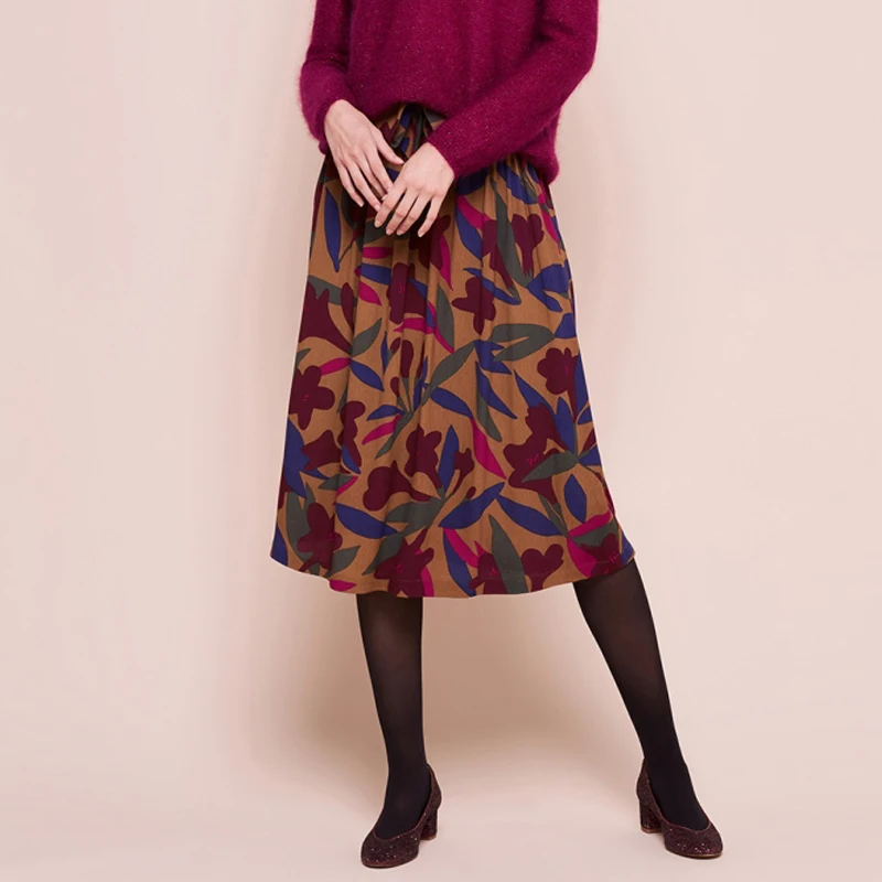 Женская мода шикарная печать лилии jupe линия миди юбка с поясом