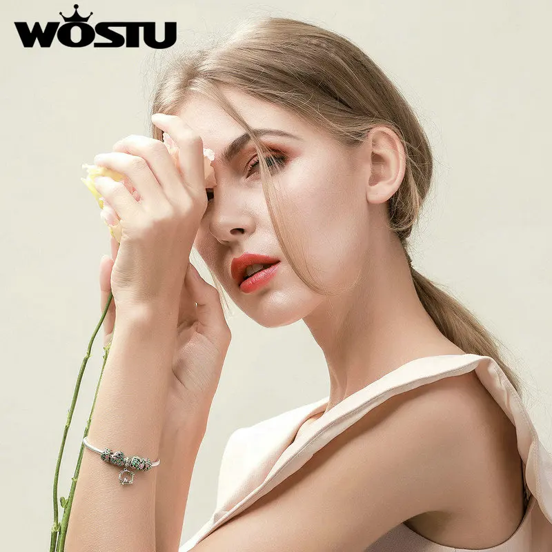 WOSTU Venta de plata de ley 925 de primavera flores hojas y pájaro pulsera del encanto para las mujeres de la marca de moda de regalo de la joyería de CQB804 - 4