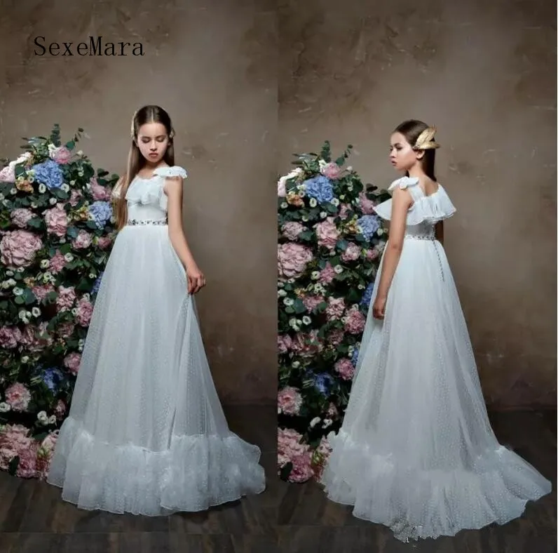 

New White Flower Girl Dresses Dot Tulle Jewel Neck Girls Formal Dress For Wedding Party Girls Communion Gown
