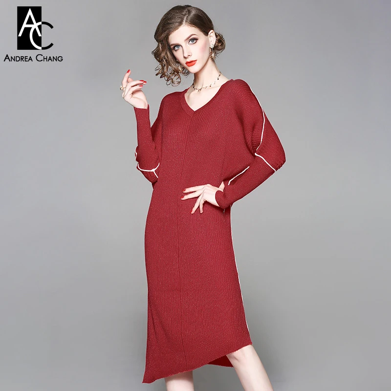 autumn winter woman dress asymmetric bottom v neck red blue beige