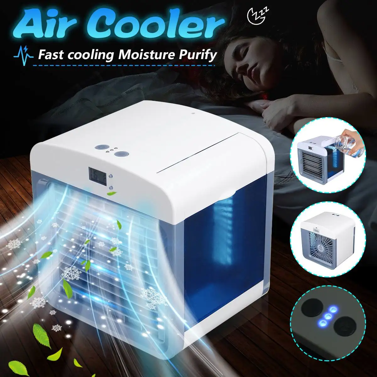 

USB Portable Mini Air Cooler Cool Cooling Fan Purify Humidifier W/ Time Display White 16.5x13.5x16.5cm Low Energy Consumption