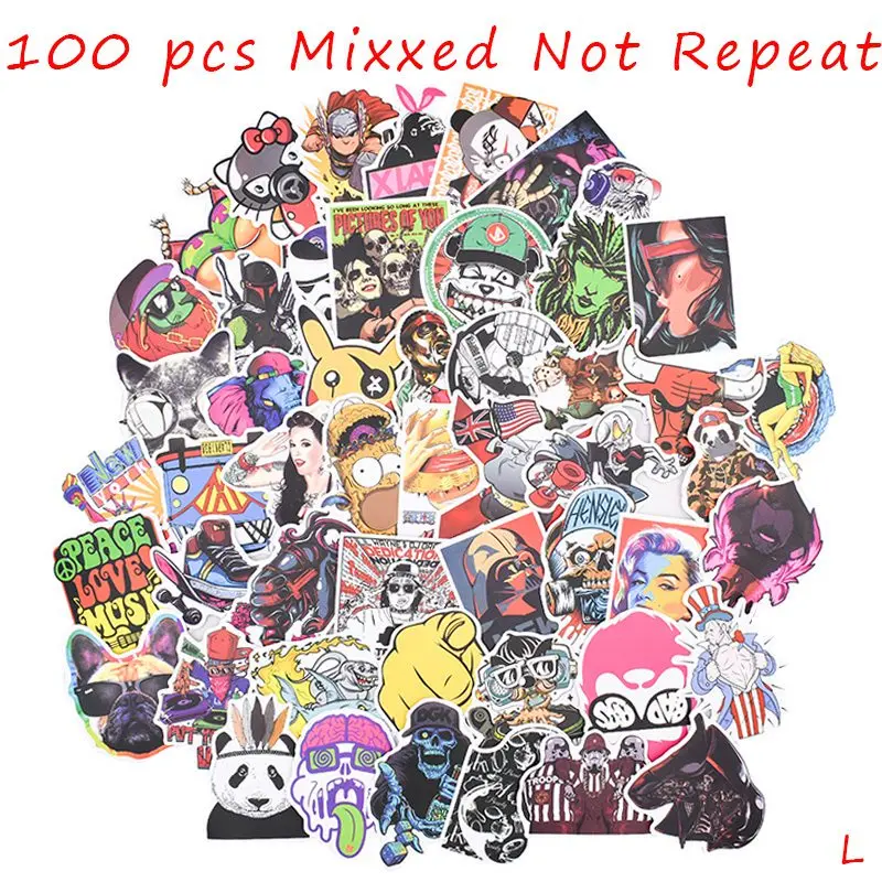 

100Pcs Mixed Cartoon Stickers Laptop Car Styling Phone Luggage Bike Motorcycle Kids Toy Waterproof Sticker