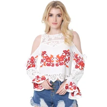 2017 Summer Autumn Brand New Women Long Flare Sleeve Strapless Cotton Shirts Female Fashion Hollow Out Lace Patchwork Blouses