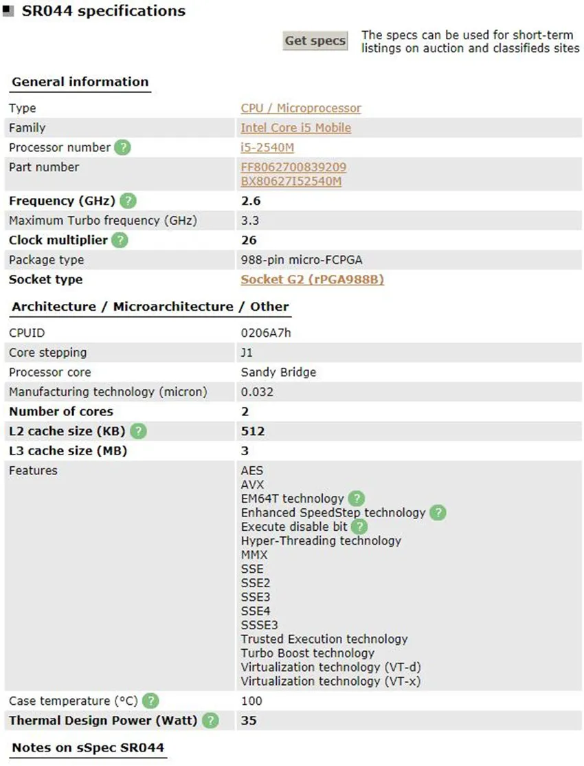 Процессор Intel Core i5 2540M Mobile SR044 2,6 GHz 3MB Socket G2 cpu ноутбук