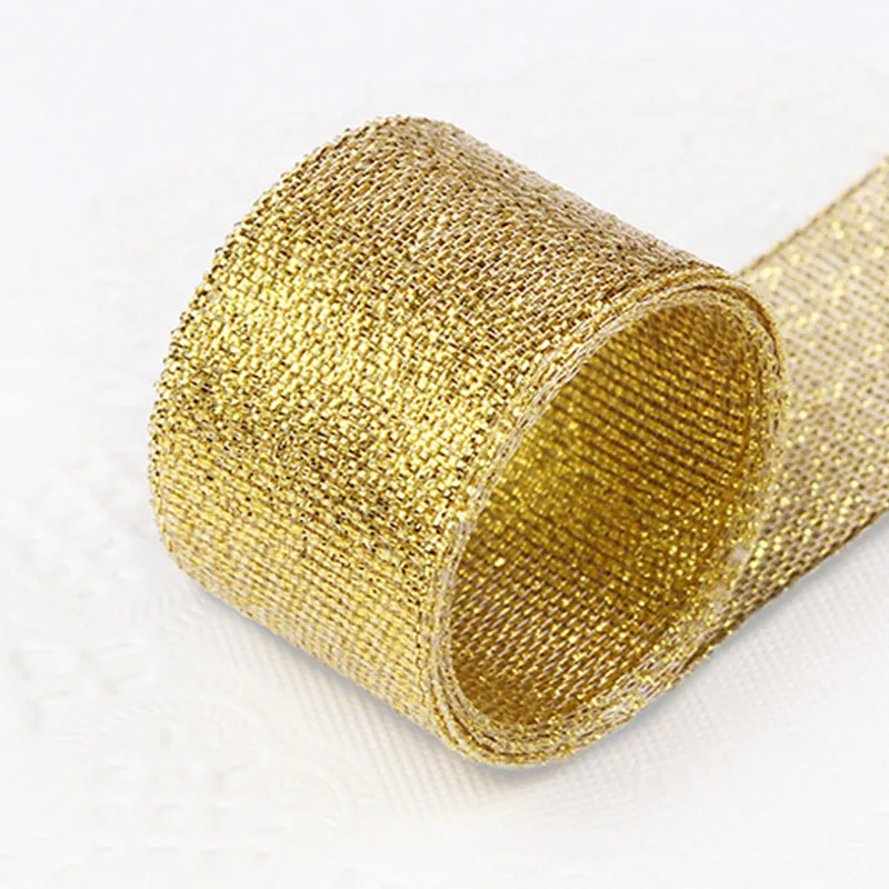 Gold/Silver Silk Organza Ribbon 25mm Glitter Embroidered Brocade Ribbons for Wedding Cake Gift Decoration Craft Supplies - Цвет: gold