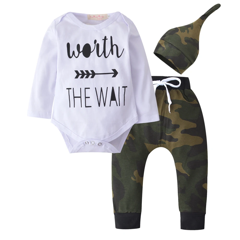 New 2019 Autumn Newborn Baby Boys Girls Clothes Long sleeve Letter Romper Tops+Army Green Pants+Hat Toddler Infant Clothing Set |
