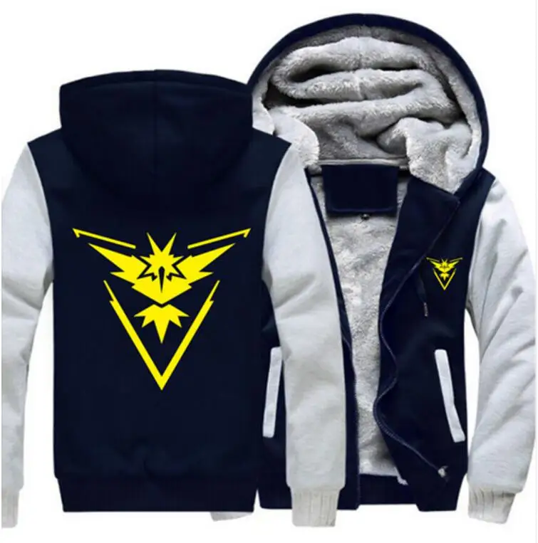 Мужские толстовки с капюшоном, размеры США, Pokemon Go Team Valor Team Mystic Team Instinct, Зимние флисовые свитшоты на молнии, плотное пальто, куртка