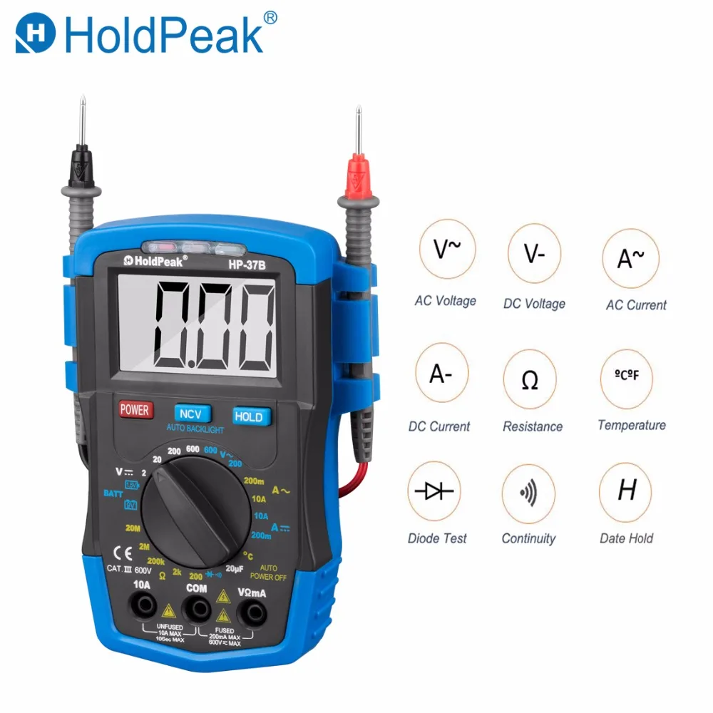 

Digital Multimeter AC/DC Voltage Current Resistance Temperature Voltmeter Multimetor Diode NCV Date Hold Tester,HoldPeak HP-37B