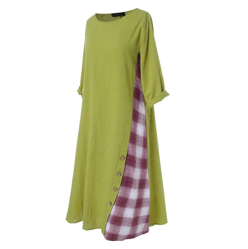 KLV женское платье для женщин Повседневное лоскутное 3/4 рукава o-образным вырезом Кнопка Высокий Низкий Подол плюс размер платье D4