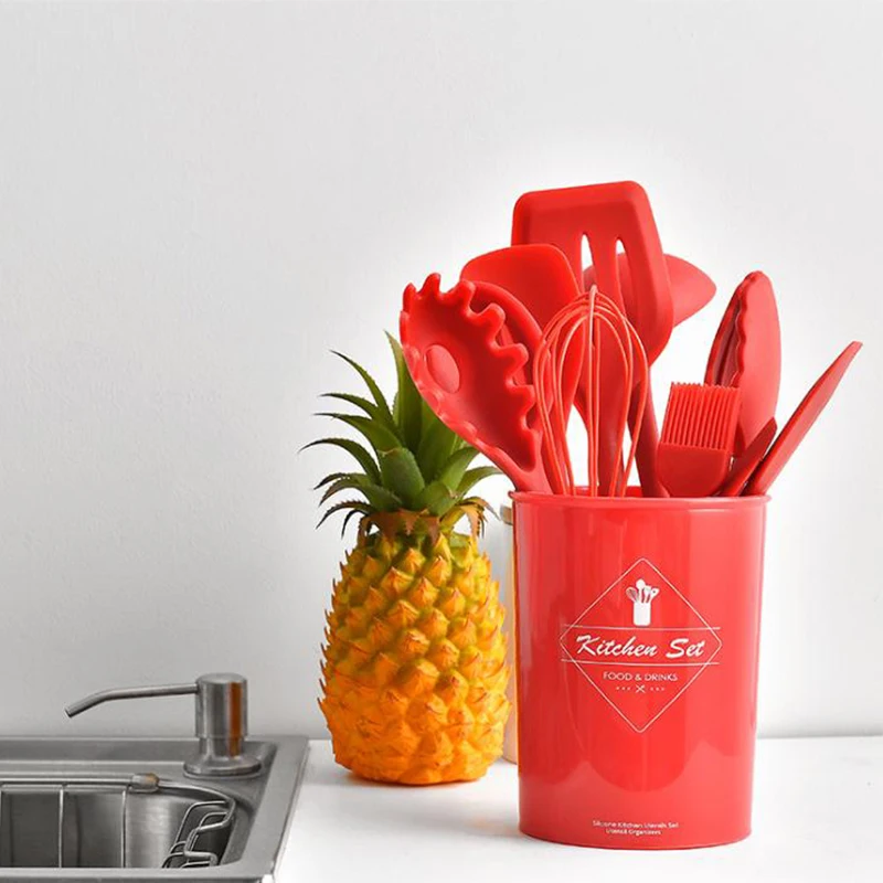 11Pcs Silicone Kitchen Cooking Utensils With Storage Bucket Spatula, Spoon, Slotted Spoon, Tongs, Basting Brush, Ladle and More 11Pcs Silicone Kitchen Cooking Utensils With Storage Bucket Spatula, Spoon, Slotted Spoon, Tongs, Basting Brush, Ladle and More