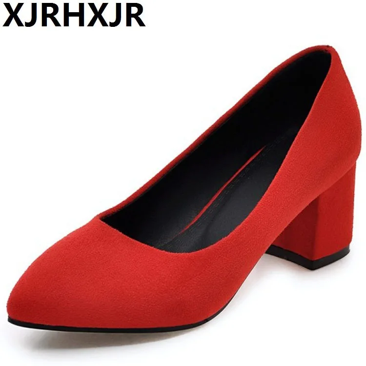 

XJRHXJR Thick High Heels Shoes Women Pumps Pointed Toe Work Shoes Slip On High Heels Spring Footwear Big Size 32-43 Red Black
