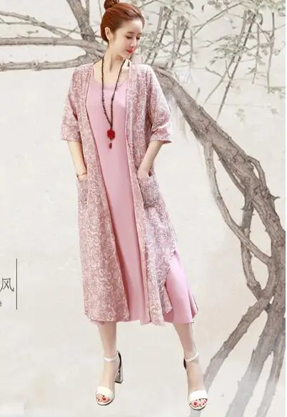 1 комплект из 2 предметов, Длинный свободный китайский национальный ветер, ретро вышитый льняной костюм, платье, женские платья