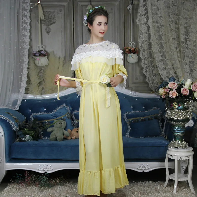 Осеннее Королевское кружевное хлопковое винтажное женское платье принцессы Элегантные ночные рубашки с длинным рукавом, одежда для сна размера плюс 77