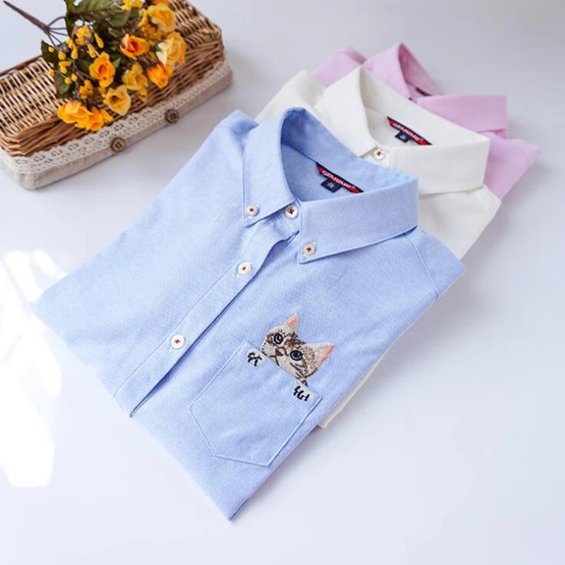 

2019 Autumn New Fashion Women Blouses Slim Loose Turn-down Collar Long Sleeve Cat Embroidered Shirts Tops Clothes S-XL