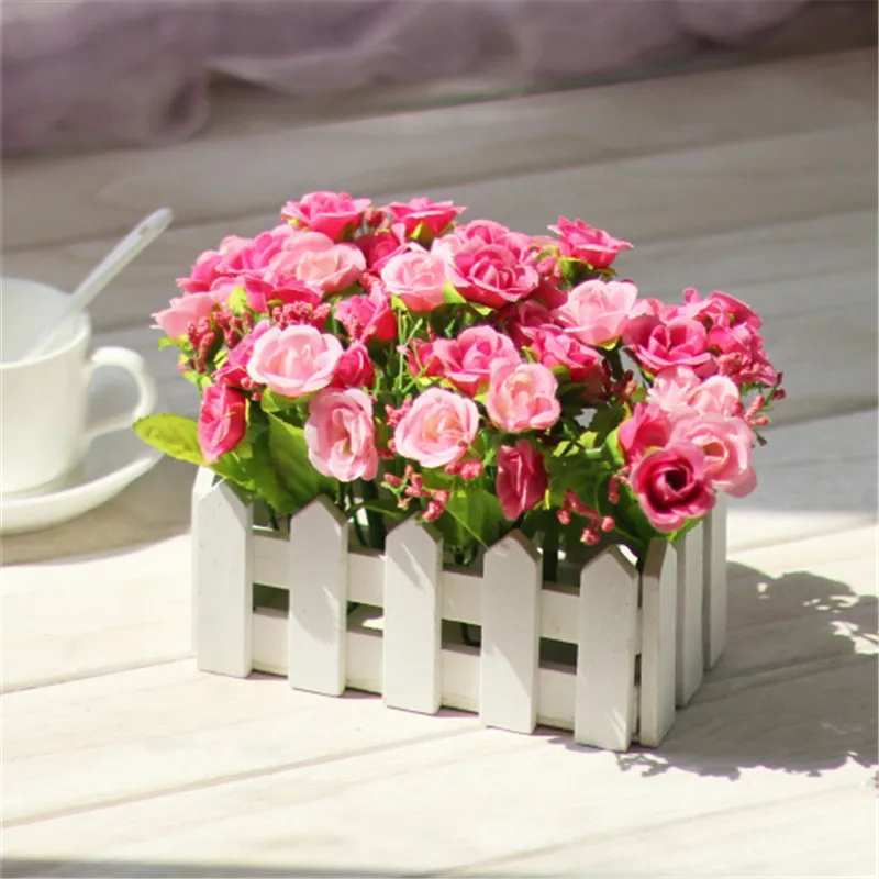 1 компл. Высокое качество деревянная ваза в виде забора+ цветок розы и ромашки шелковые искусственные цветы украшение дома садовый Декор подарок на день рождения - Цвет: F