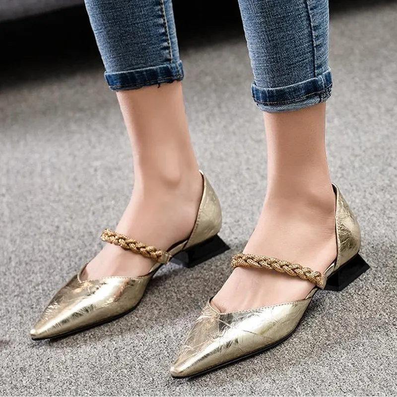 

Summer new women's shoes fashion rhinestone pointed low heel sandals Gold silver Patent leather slippers obuv