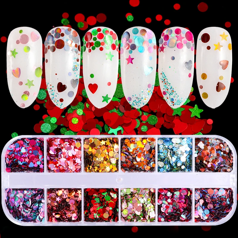 

12 Grids/Set High Quality Mix Colors 3 Sizes Mix Round Star Heart Glitter Holographic Sequin Nail Art Paillette Decals DIY CT17