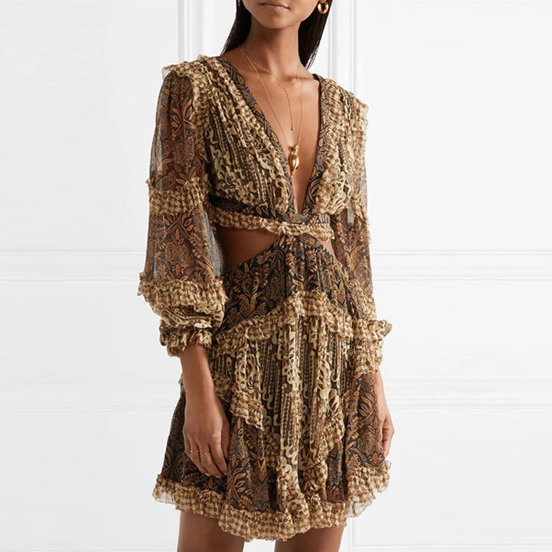

2019 Summer Designer Woman Sexy Mini Dress Deep V-Neck Leopard Exposed Waist Backless Tie Short Dress Beach Party Vestidos