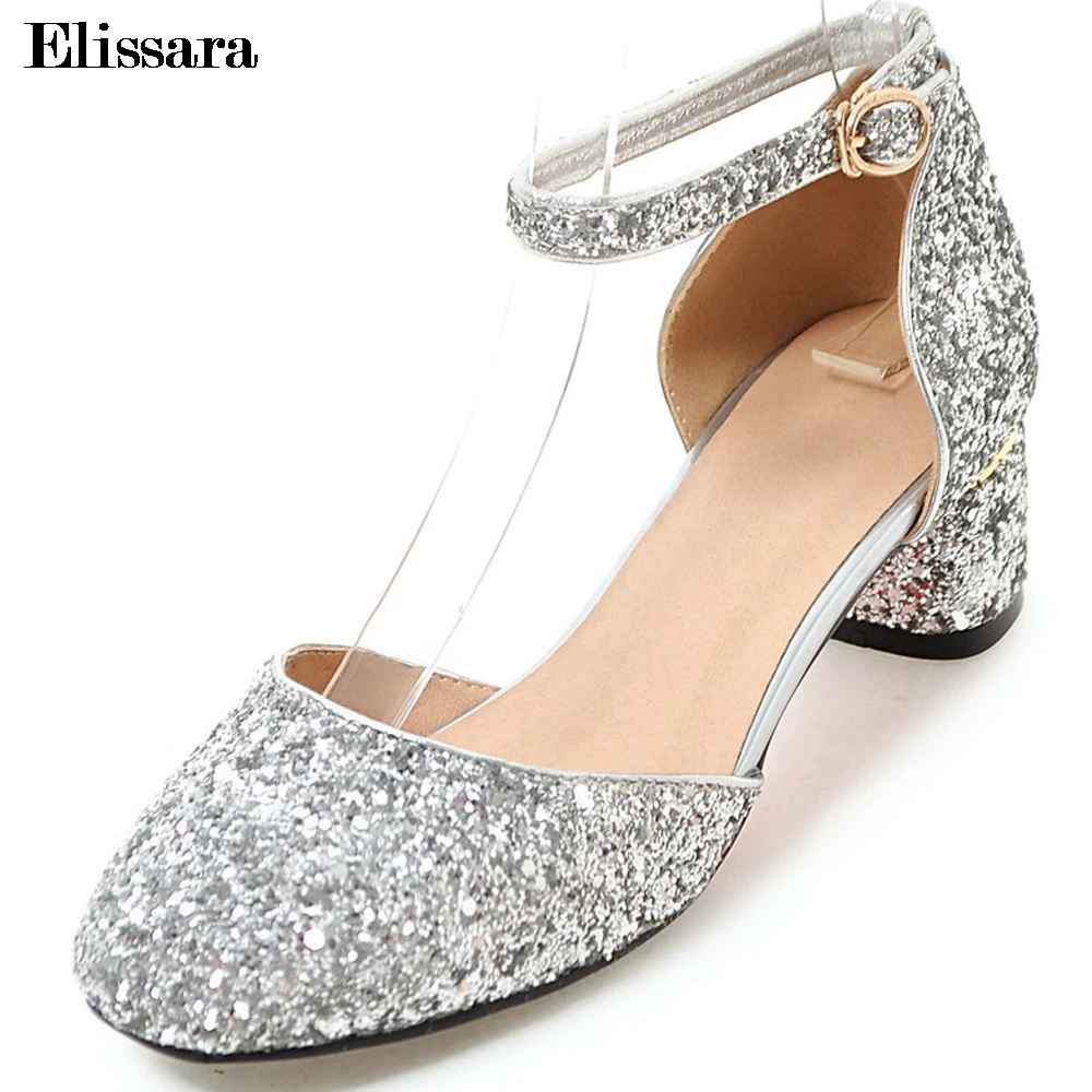 

Women Med Heels Pumps Shoes Woman Fashion Ankle Strap Bling Square Toe Gold Silver Party Shoes Plus Size 33-43 Elissara