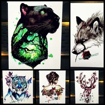 Magical Forest Jaguar Tree Temporary Tattoo Stickers Panther Fake Flash Waterproof Tattoo Body Art Leopard Heart Women Tatoo Men