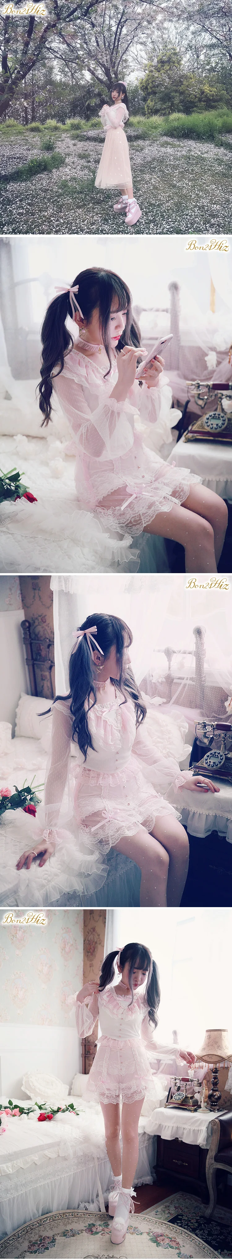 Милая рубашка принцессы в стиле Лолиты; летняя рубашка в японском стиле; милая белая кружевная приталенная короткая рубашка принцессы с длинными рукавами и открытой спиной; T1462