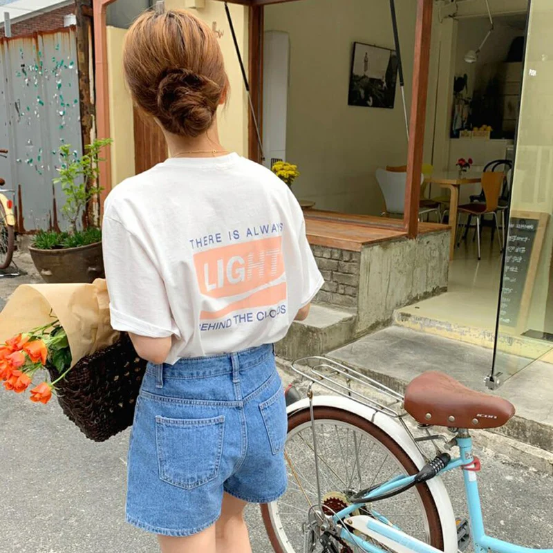 

2colors 2019 summer korean ins style back letter print tops womens short sleeve t-shirts womens tee shirt femme (C6441)
