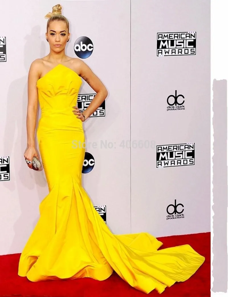 2014 American Music Awards Rita Ora Yellow Celebrity Dresses Scalloped