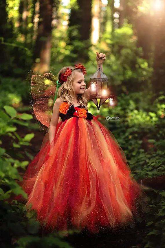 Online Lindo vestido de hada naranja tutú para niños Halloween vestido de tul vestido de baile con alas de mariposa para niños disfraz de Cosplay vestido de fiesta