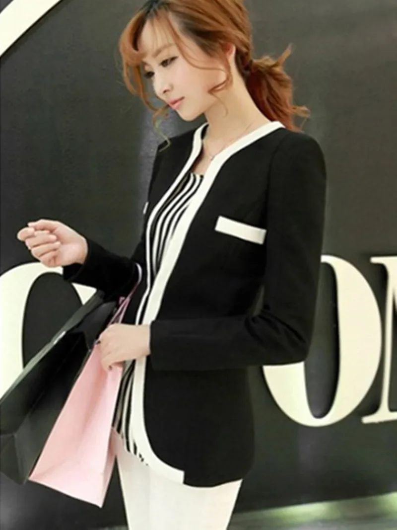 Женский короткий Блейзер черный белый цвет блок с длинным рукавом Короткая куртка Верхняя одежда маленькое пальто EBA093 - Цвет: Черный