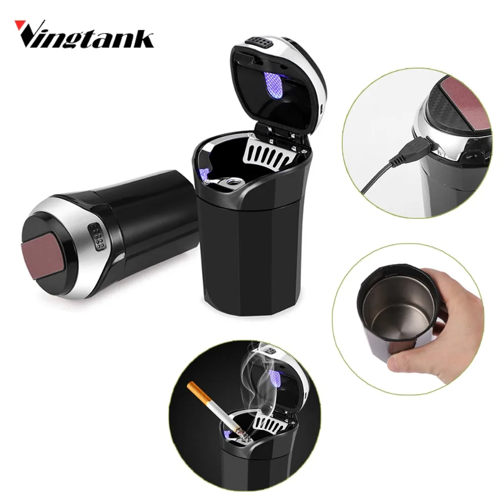 Vingtank Easy Clean Up Detachable Stainless Car Ashtray with Lid Blue Led Light and Removable