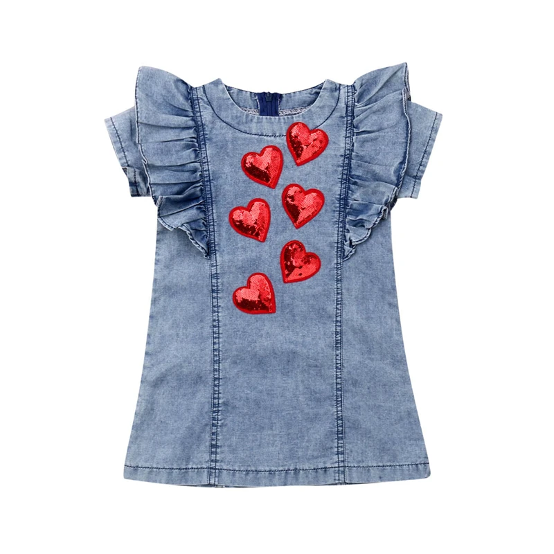 2019 niño niñas vestido 3D corazón manga corta Denim volante cuello redondo fiesta desfile vestido solera - AliExpress